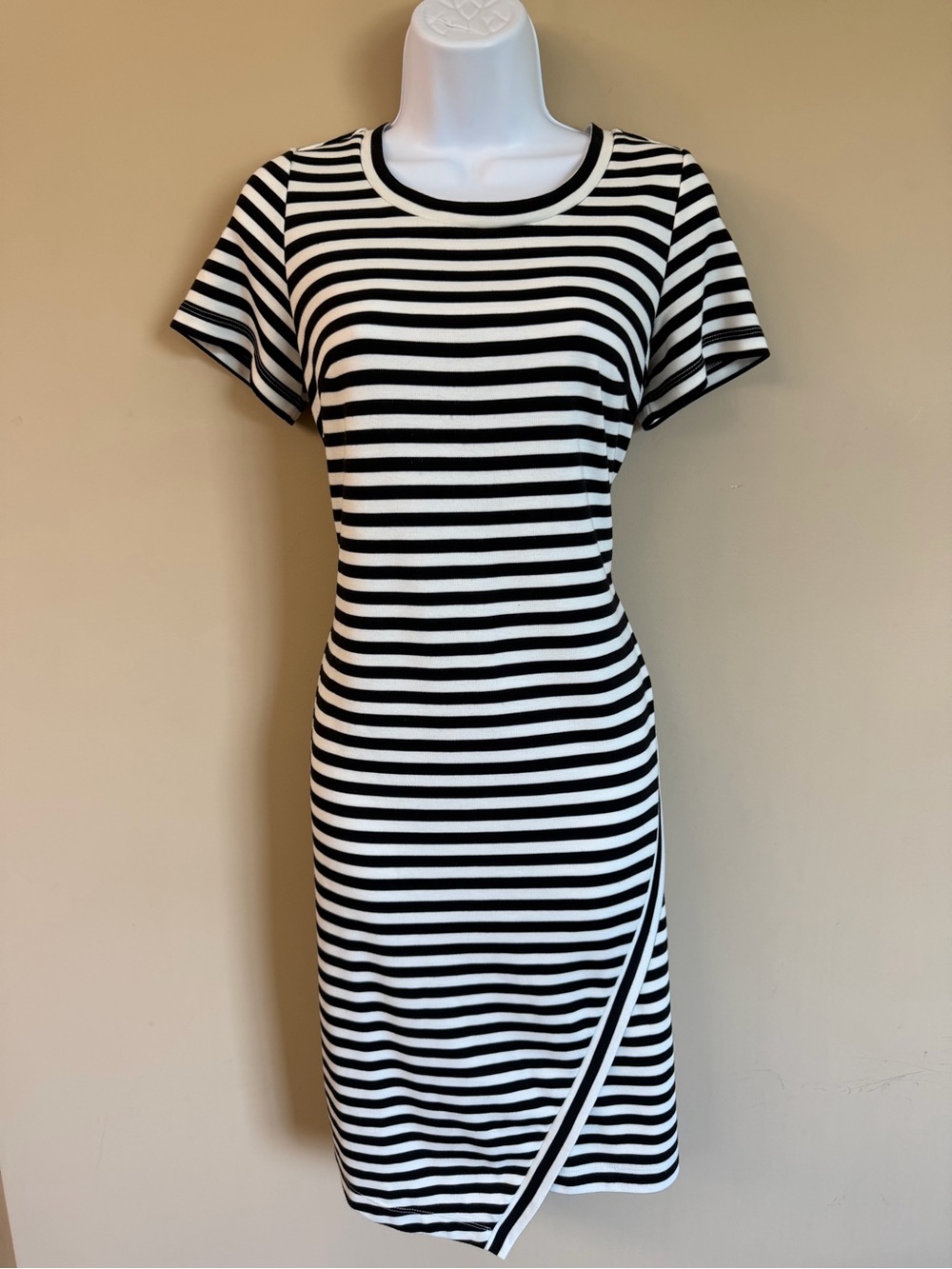 Calvin Klein Asymetric Hemline Striped Black and White Dress, Size 8